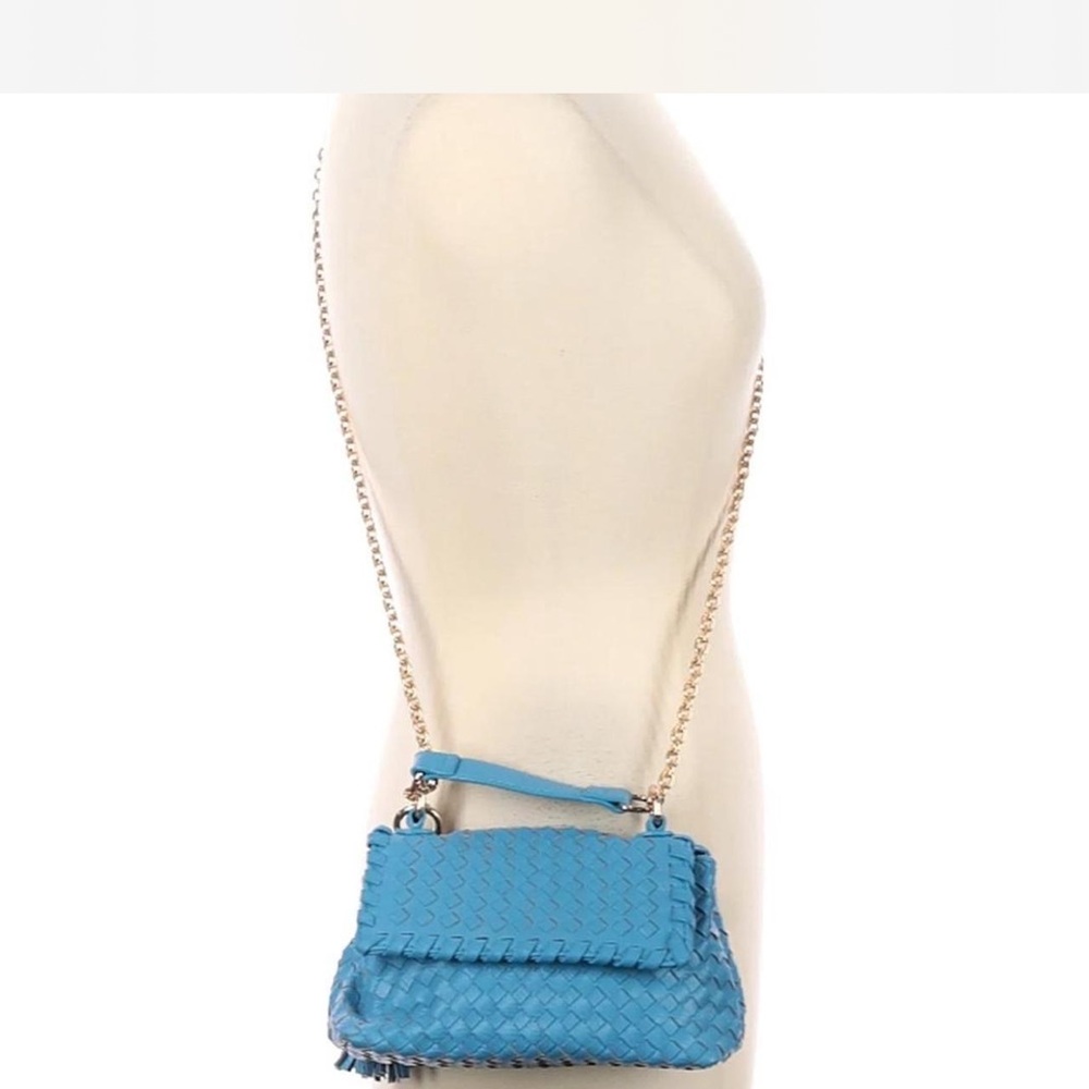 Sondra Roberts Squared Vegan Leather Blue Woven handbag with tassel detail